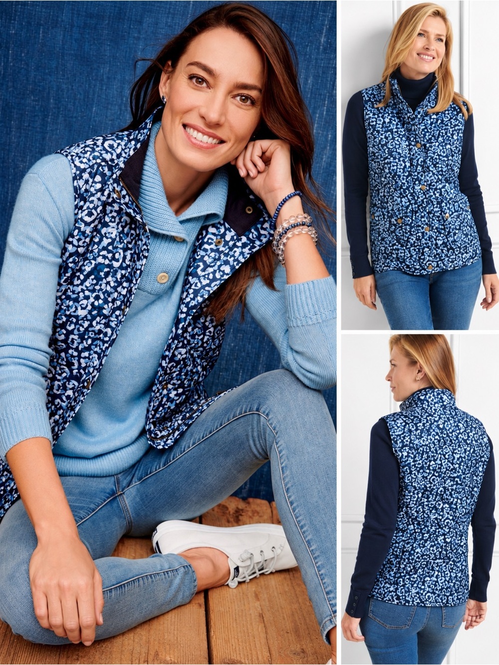 TALBOTS Quilted Vest Leopard Print Fleece Lined Flap Pockets Snap Buttons Zip
